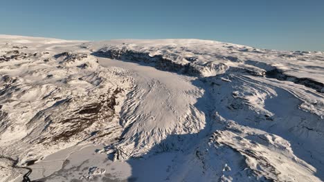 Aerial-landscape-view-over-Sólheimajökull-glacier-ice-melting,-climate-change,-on-a-sunny-evening-in-Iceland