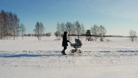 Woman-in-dark-winter-coat-walk-on-snowy-countryside-road-with-baby-carriage