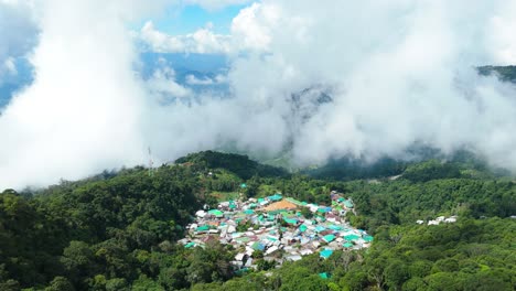 Doi-Pui-Hmong-Village-above-the-Clouds,-Amazing-High-Altitude-Small-Mountain-Hill-Tribe-Village-surrounded-by-Green-Forest-nestled-in-the-Clouds,-Thailand-Village-in-the-Clouds