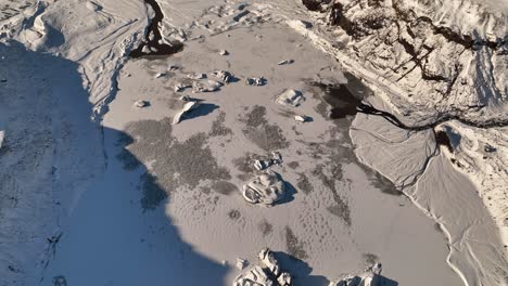 Aerial-landcsape-view-over-ice-melting-from-Sólheimajökull-glacier,-climate-change,-global-warming,-Iceland-at-dusk