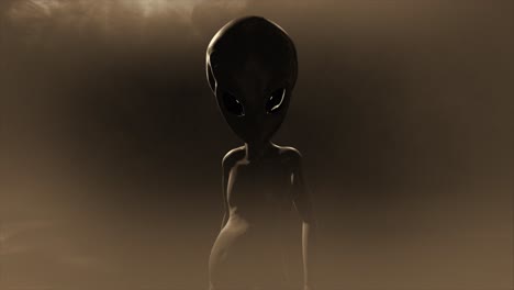 3D-CGI-push-in-shot-of-a-classic,-shiny-skinned-Roswell-grey-alien-looking-eeire-and-menacing,-in-an-ominous-swirling-cloud-of-mist,-with-grey-and-sepia-color-tint