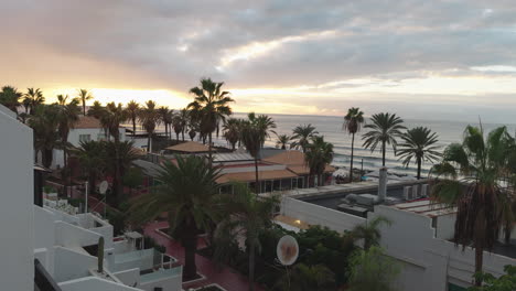 Tropical-balcony-holiday-view,-palm-trees-and-sea-water-at-sunset-Tenerife