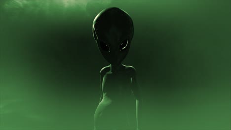 3D-CGI-push-in-shot-of-a-classic,-shiny-skinned-Roswell-grey-alien-looking-eeire-and-menacing,-in-an-ominous-swirling-cloud-of-mist,-with-grey-and-green-color-tint