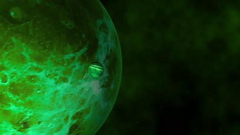 Eine-Nahaufnahme-Eines-Großen-Grünen-Exoplaneten-Und-Eines-Rotierenden-Mondes-Auf-Einem-Nebelhintergrund-In-Einer-Fernen-Galaxie