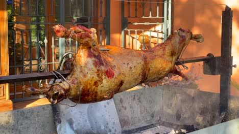 Roasting-whole-lamb-on-a-spit-metal-rotating-stick-over-fire,-golden-crispy-skin,-lamb-bbq-grill,-delicious-meat,-4K-static-shot