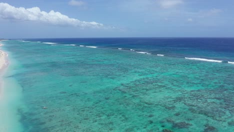 Aerial-View-of-Coral-Reefs,-White-Sand-Beach-and-Turquoise-Ocean-Water,-Tonga,-Polynesia