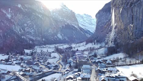 Rising-Into-Air-Over-Village-|-Lauterbrunnen-Switzerland,-Swiss-Valley-in-Alps-Drone,-Europe,-4K