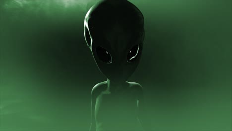 3D-CGI-mid-to-close-up-shot-of-a-classic,-shiny-skinned-Roswell-grey-alien-looking-eeire-and-menacing,-in-an-ominous-swirling-cloud-of-mist,-with-grey-and-green-color-tint