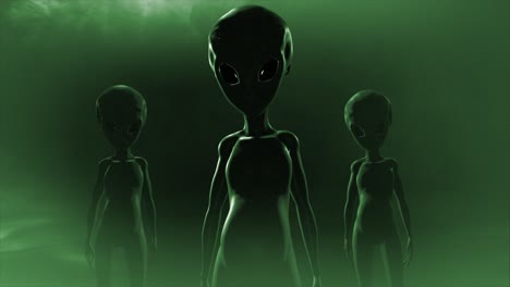 3D-CGI-slow,-smooth-push-in-shot-of-a-group-of-three-classic,-shiny-skinned-Roswell-grey-aliens-looking-eeire-and-menacing,-in-an-ominous-swirling-cloud-of-mist,-with-grey-and-green-color-tint