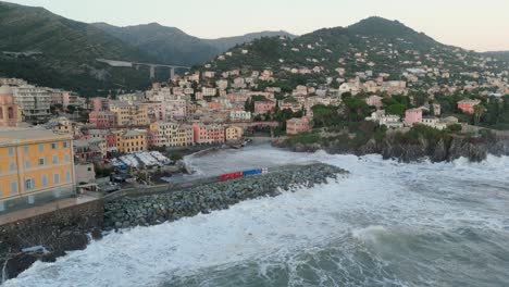 Genoa-city-residential-harbor-with-pier-breaking-incoming-sea-waves