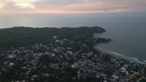 Aerial-Panoramic-Landscape-of-Sayulita-Town-Mexico-Pacific-Coast-Sunset-Village