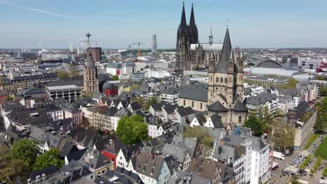 Urban-cityscape-and-german-architectural-identity-of-cologne-skyline,-Aerial