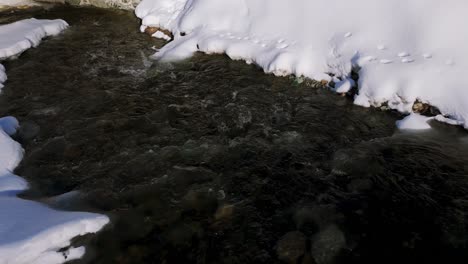 Nieve-Y-Hielo-Sobre-Roca-En-Una-Corriente-De-Agua-Helada