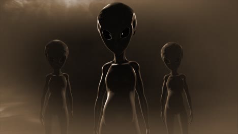 3D-CGI-slow,-smooth-push-in-shot-of-a-group-of-three-classic,-shiny-skinned-Roswell-grey-aliens-looking-eeire-and-menacing,-in-an-ominous-swirling-cloud-of-mist,-with-grey-and-sepia-color-tint