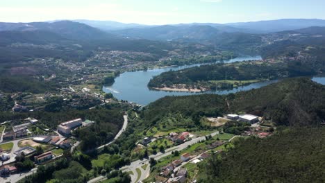 Drone-establishing-shot-of-Douro-River-and-cityscape-in-Gondomar-Portugal