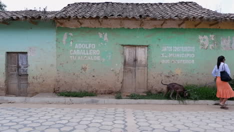 Woman-and-dog-walk-past-old-character-building-in-Bolivian-pueblo