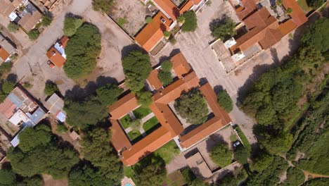 Top-down-drone-shot-flying-over-the-small-town-of-Molinos-in-Salta,-Argentina