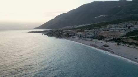 Aerial-shot-of-beachfront-property-under-construction-in-the-mediterranean-sea