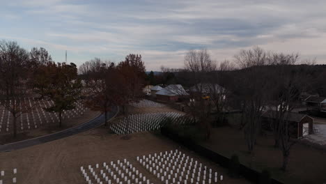 Aerial-view-of-National-cemetery-in-Fayetteville,-United-States,-establishing