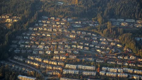 Houses-and-Apartments-Buildings-in-Forested-Area---Golden-Hour-Aerial