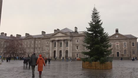 Árbol-De-Navidad-Y-Multitud-De-Personas-Fuera-Del-Trinity-College-De-Dublín-En-Irlanda
