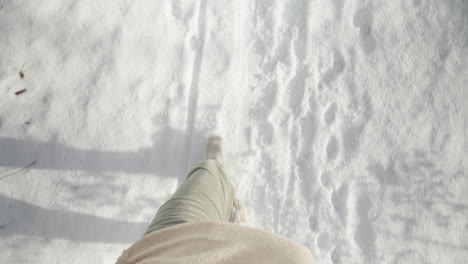First-person-view-walking-in-fresh-snow,-winter-day