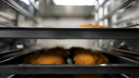 Close-up-of-breaded-chicken-cutlets-on-a-conveyor-in-a-food-processing-plant,-elevator-shot