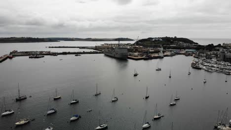 Aerial-View-Of-Falmouth-Yacht-Vistor-Moorings-On-Overcast-Day