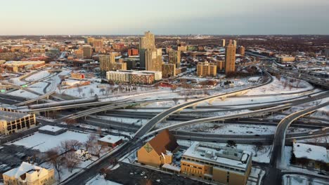 Drone-push-in-towards-Cedar-Riverside-Minneapolis-during-Winter-Golden-Hour-4k