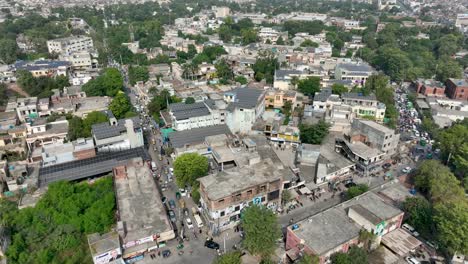 Urban-street-scene-near-Cheema-Heart,-Gujranwala---aerial