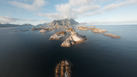 FPV-Drone-Aerial-of-Henningsvær,-Lofoten-Islands-in-Norway,-impressive-low-flight