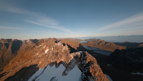 Panoramic-view-of-the-snowy-mountain-ranges-of-the-Lofoten-Islands-in-Norway