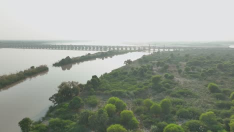 Sukkur-Railway-Bridge-on-Indus,-Sindh,-Pakistan---aerial