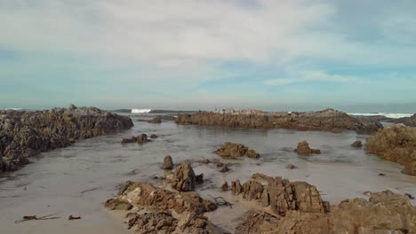 slow-and-Low-flying-drone-shot-from-the-beach-through-boulders-and-birds-sitting-on-rocks-rising-to-reveal-open-ocean-filled-with-bamboo-and-waves-rolling-in-partly-cloudy-conditions
