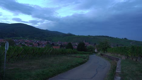 Die-Abenddämmerung-Geht-Während-Der-Blauen-Stunde-Am-Rande-Des-Dorfes-Riquewihr-Unter