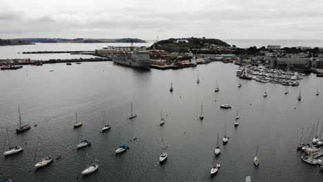 Aerial-Flying-Over-Moored-Boats-In-Falmouth-Habour