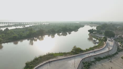 Sukkur's-Indus-River-sunrise,-Sindh,-Pakistan---aerial
