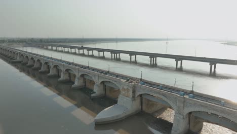 Sukkur-Barrage-on-Indus-River,-Sindh,-Pakistan---aerial-fly-over