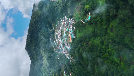 Doi-Pui-Village,-Stunning-View-of-small-Village-in-the-Mountains-surrounded-by-Clouds,-Hmong-Lahu-Karen-Hilltribe-Village-Laos-Chiang-Mai-Thailand,-Vertical-4k-9:16-Video-Portrait