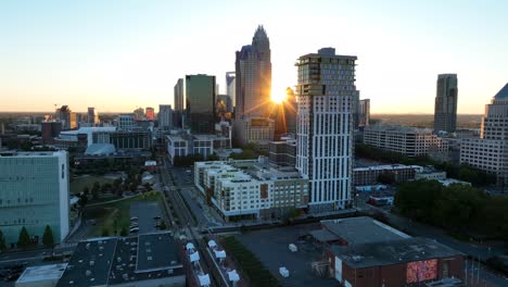 Downtown-Charlotte,-North-Carolina-skyline-during-golden-hour-sunset