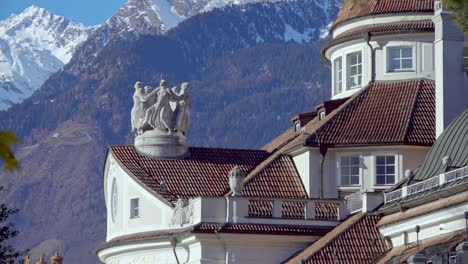 Part-of-the-Kurhaus-of-Meran---Merano,-South-Tyrol,-Italy-and-its-art-nouveau-sculpture-of-the-dancing-graces