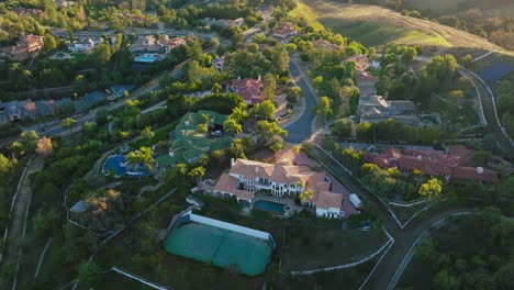Aerial-Footage-over-Upscale-Homes-in-Luxury-Community-Hidden-Hills,-in-Calabasas-California-at-Golden-Hour
