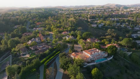 Aerial-Footage-of-Luxury-Mansions-in-Hills,-Exclusive-Celebrity-Neighborhood-of-Hidden-Hills,-California