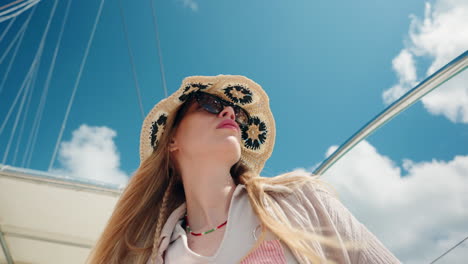 Blonde-female-tourist-wearing-a-hat-and-sunglasses-on-the-boat-staring-the-horizon