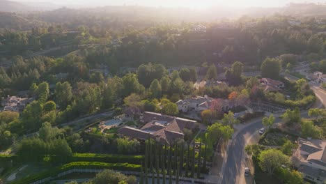 Drone-Footage-of-Sunkissed-Streets-in-Hidden-Hills,-Calabasas,-Luxury-Neighborhood-in-California-at-Sunset