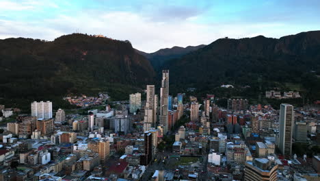 Aerial-view-orbiting-the-BD-Bacatá-,-sunset-in-Bogota,-Colombia