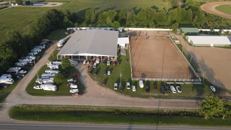 Livestock-fairground-with-trailers-and-facilities-in-Michigan,-aerial-view