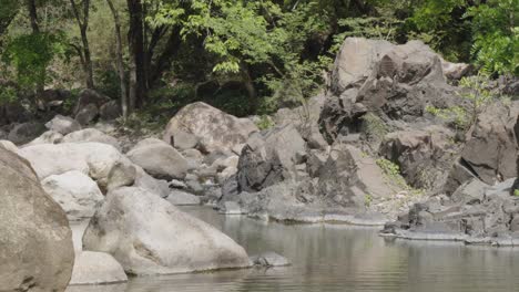 Kleiner-Wasserstrahl-Im-Fluss,-Umgeben-Von-Vielen-Felsen-Und-Grünen-Bäumen-In-Honduras