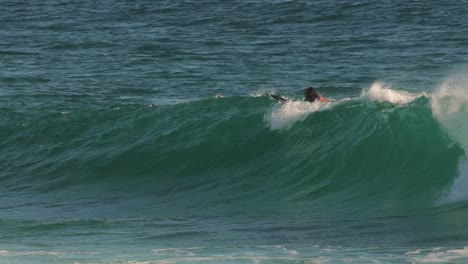 Surfer-trying-to-paddle-onto-a-wave-on-a-sunny-day,-Burleigh-Heads,-Gold-Coast,-Australia