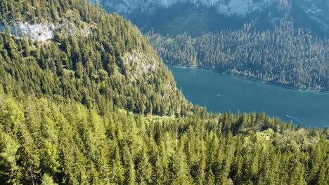 Begeben-Sie-Sich-Auf-Eine-Alpine-Reise:-Die-Drohne-Beginnt-Inmitten-Hoch-Aufragender-Bäume-Und-Steigt-Auf,-Um-Einen-Ruhigen-See-Freizulegen,-Der-Von-Schneebedeckten-österreichischen-Alpen-Eingerahmt-Wird